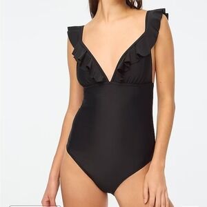 J. Crew Factory Black Ruffle V-Neck One-Piece Swimsuit